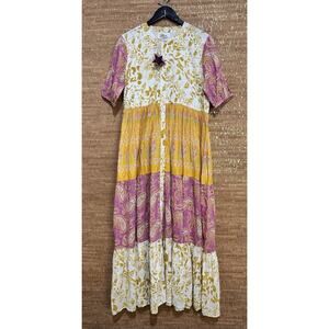 Oh My Stars Womens Chandler Dress Mixed Media Maxi Dress Boho Button Up Size S
